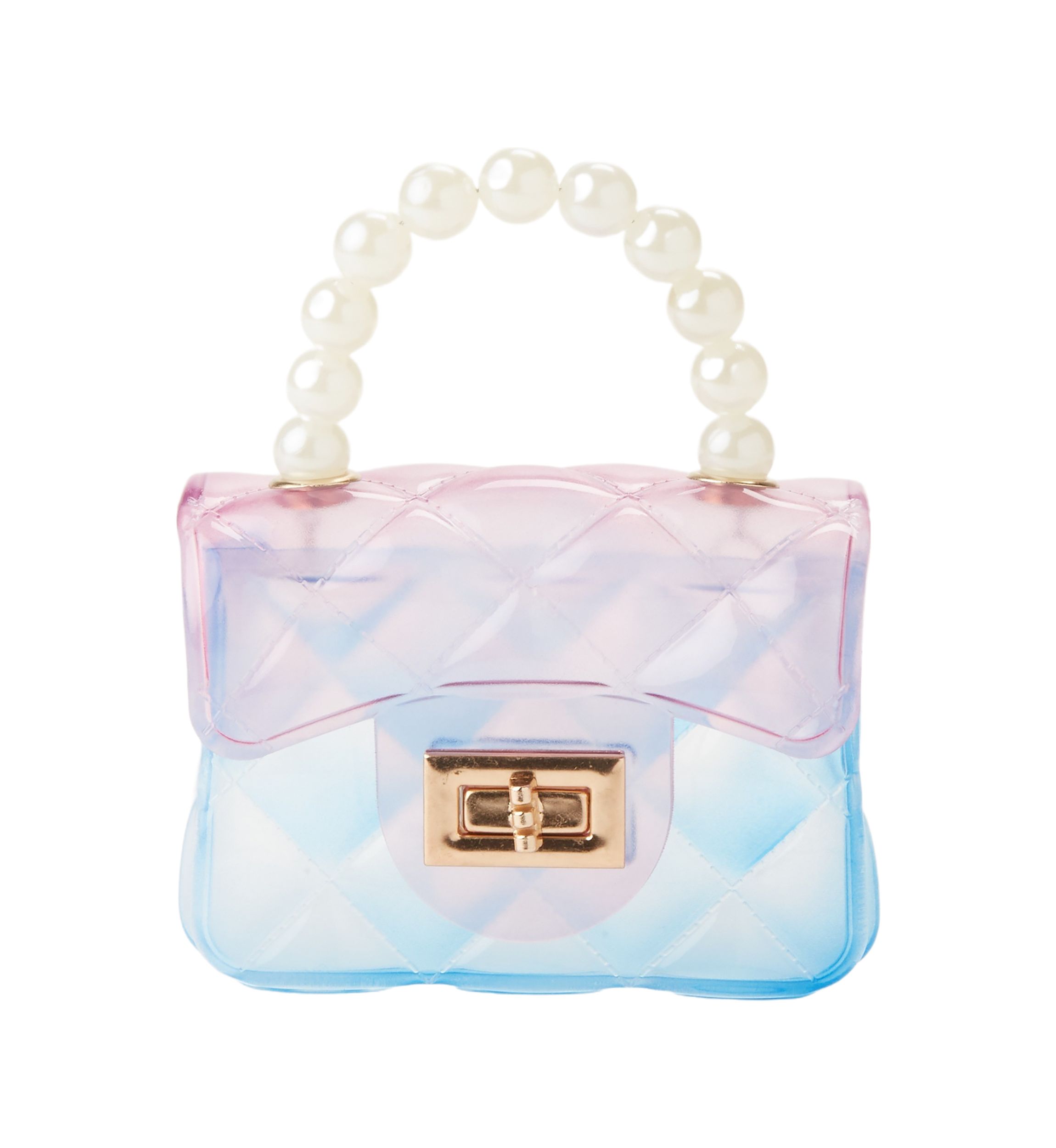 Girls Ombré Quilted Transparent Jelly Handbag with Faux Pearl Handle