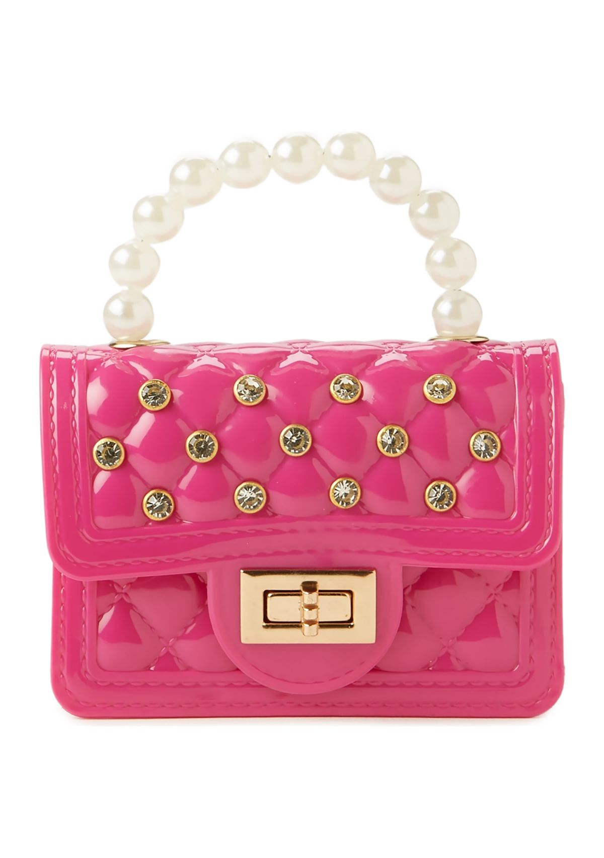  Quilted Small Jelly Bag with Pearl Handle and Stud Details