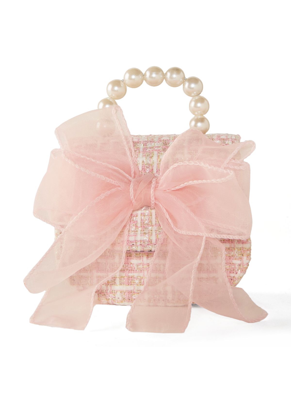 Girls Pearl Handle Tweed Bag with Bow