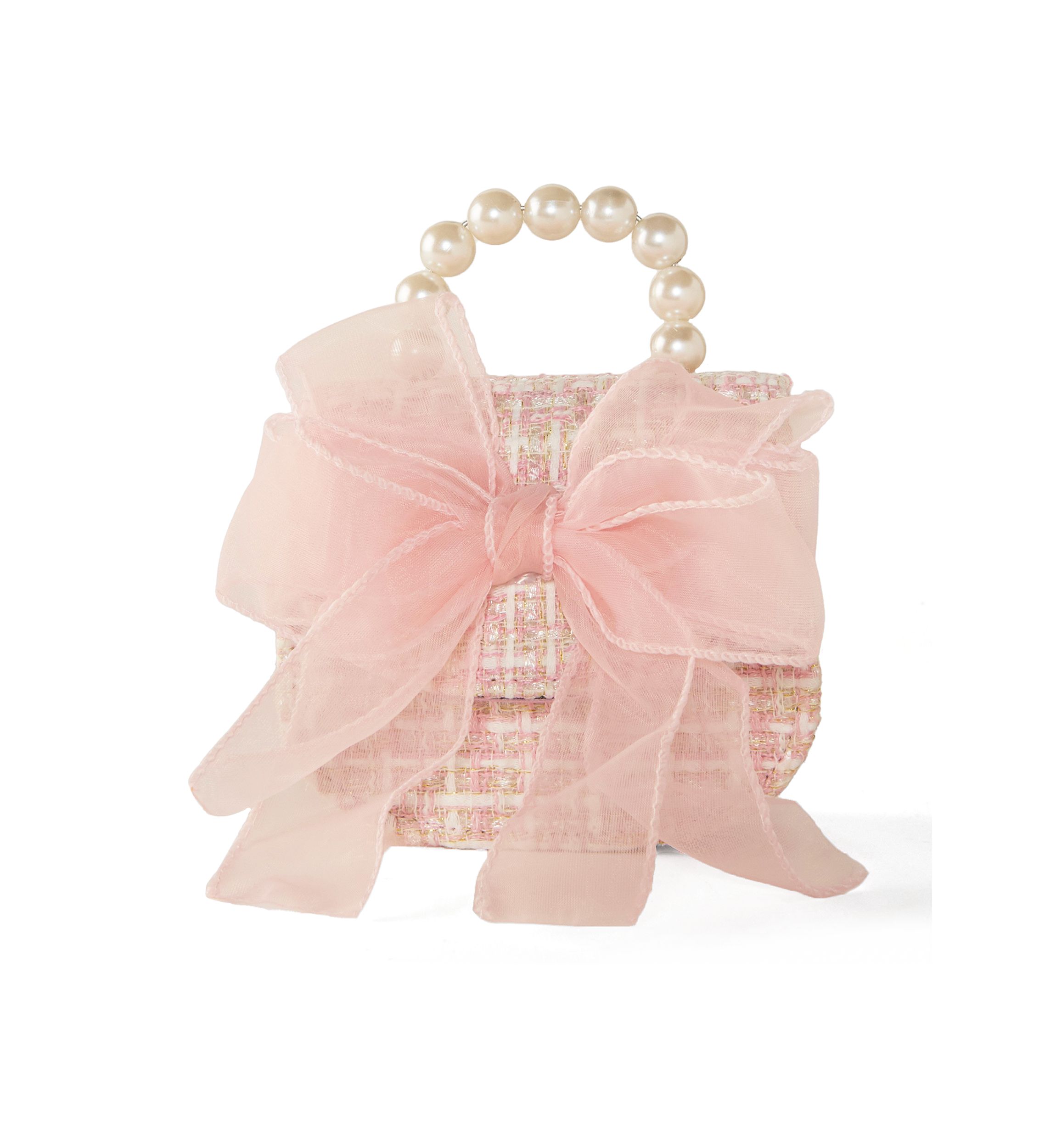 Girls Pearl Handle Tweed Bag with Bow