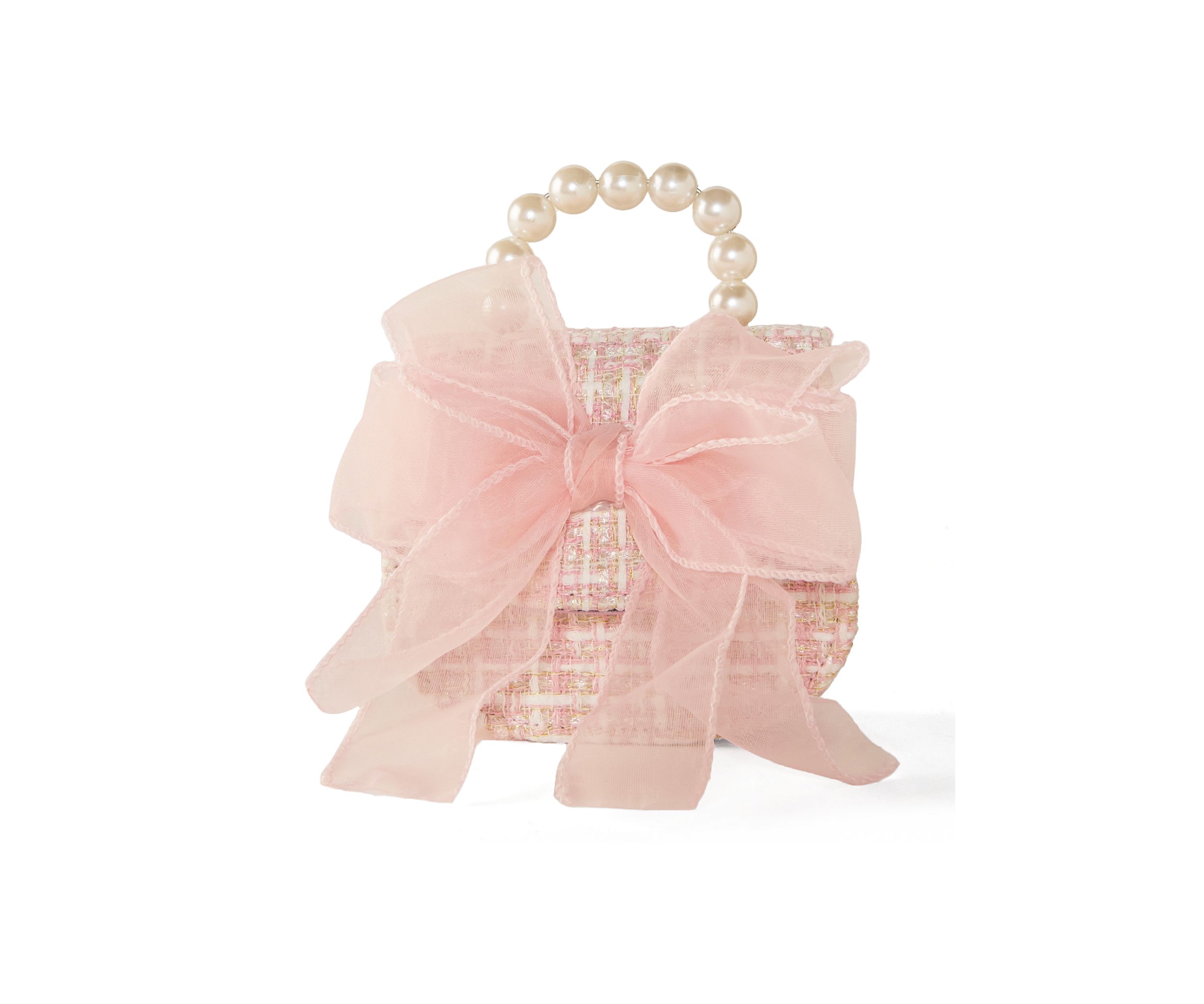 Girls Pearl Handle Tweed Bag with Bow