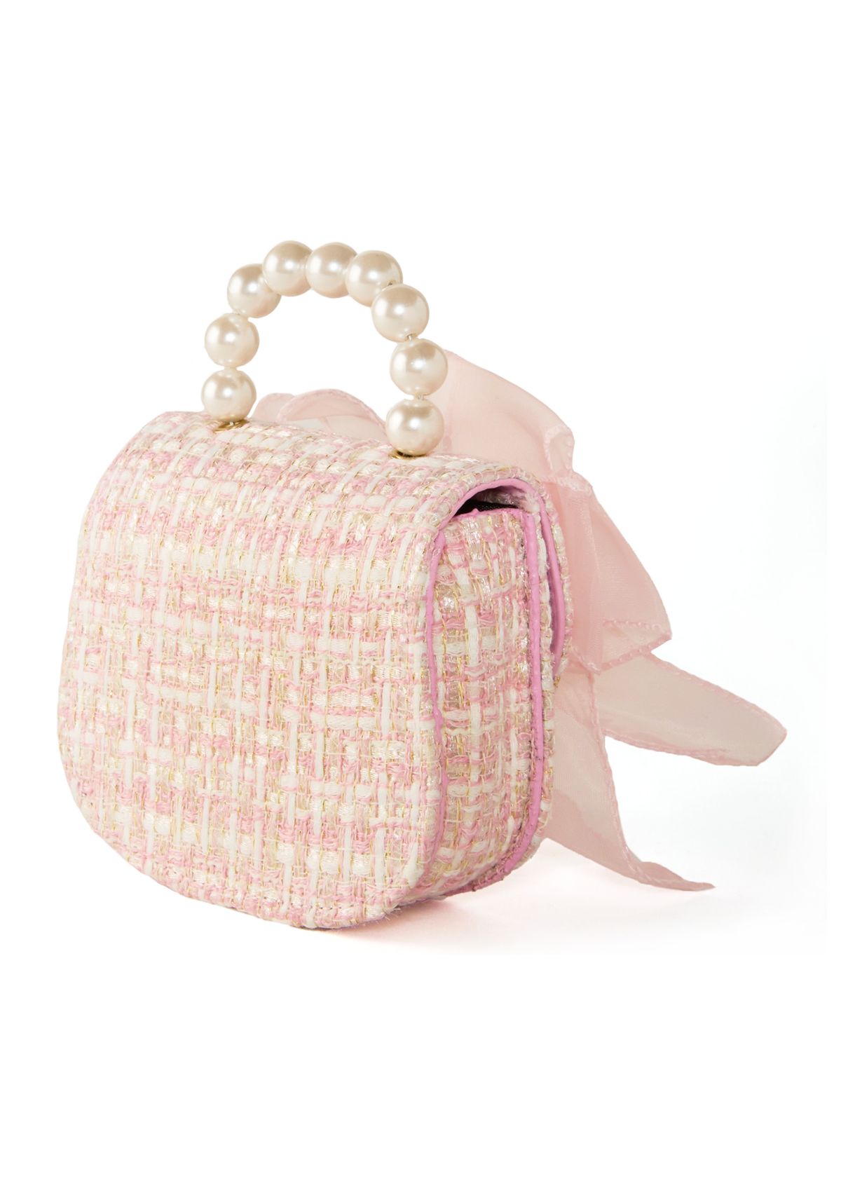 Girls Pearl Handle Tweed Bag with Bow