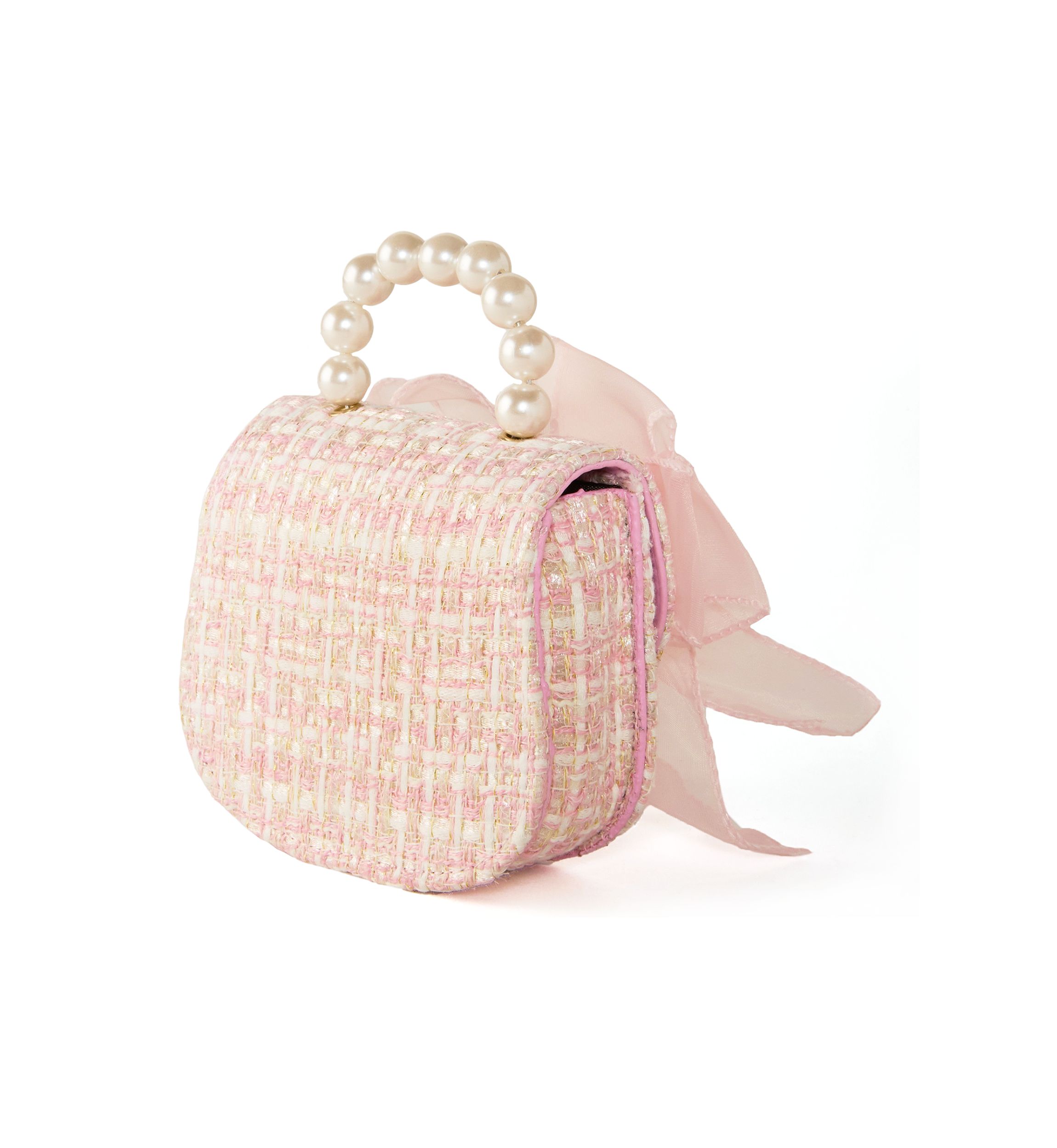 Girls Pearl Handle Tweed Bag with Bow