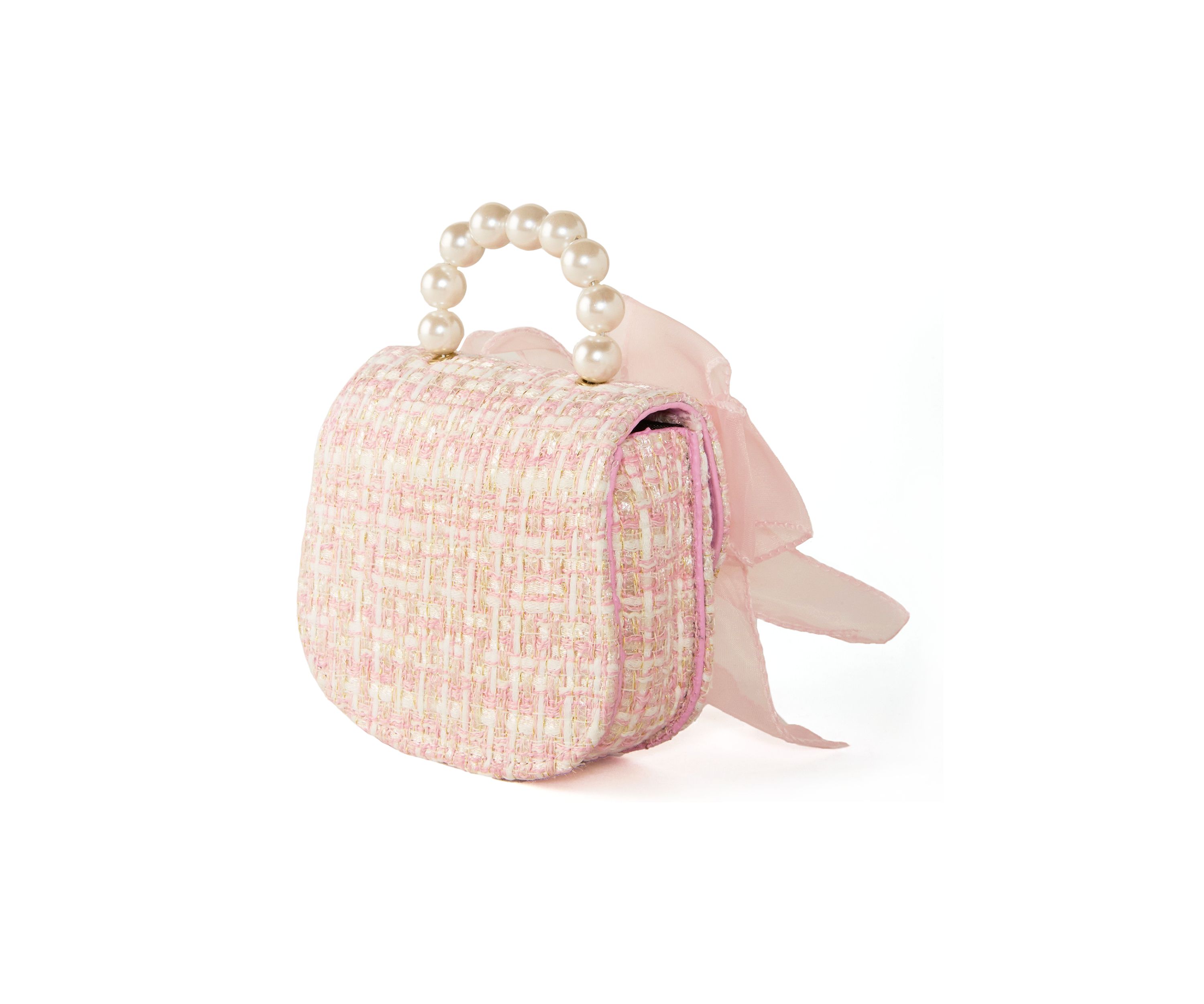 Girls Pearl Handle Tweed Bag with Bow