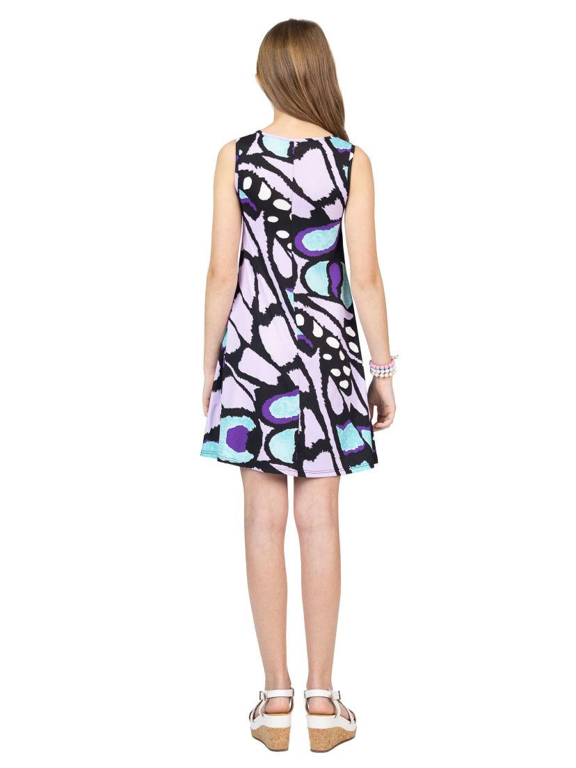 Girls Lilac Butterfly Print Sleeveless Pockets Dress