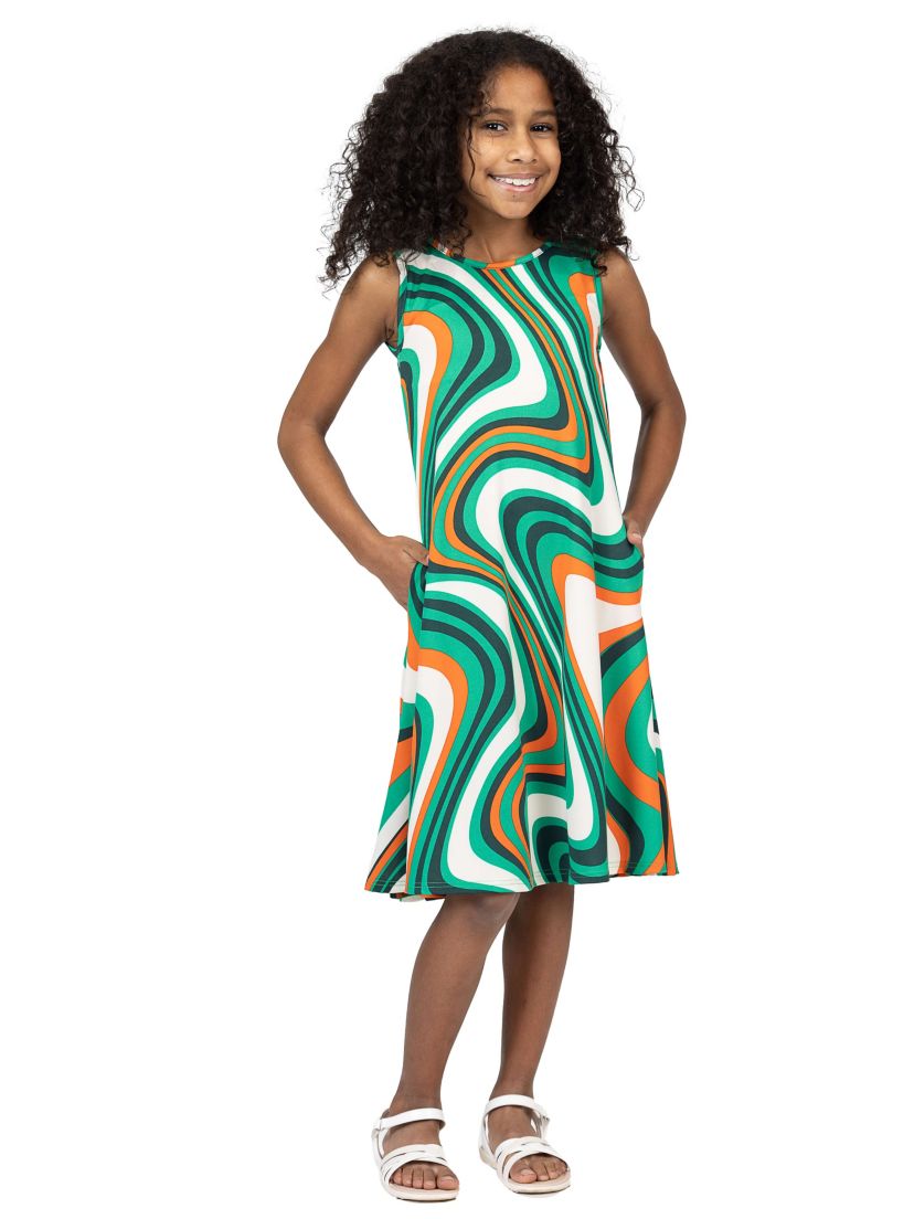 Girls Patchwork Print Sleeveless Pockets Dress