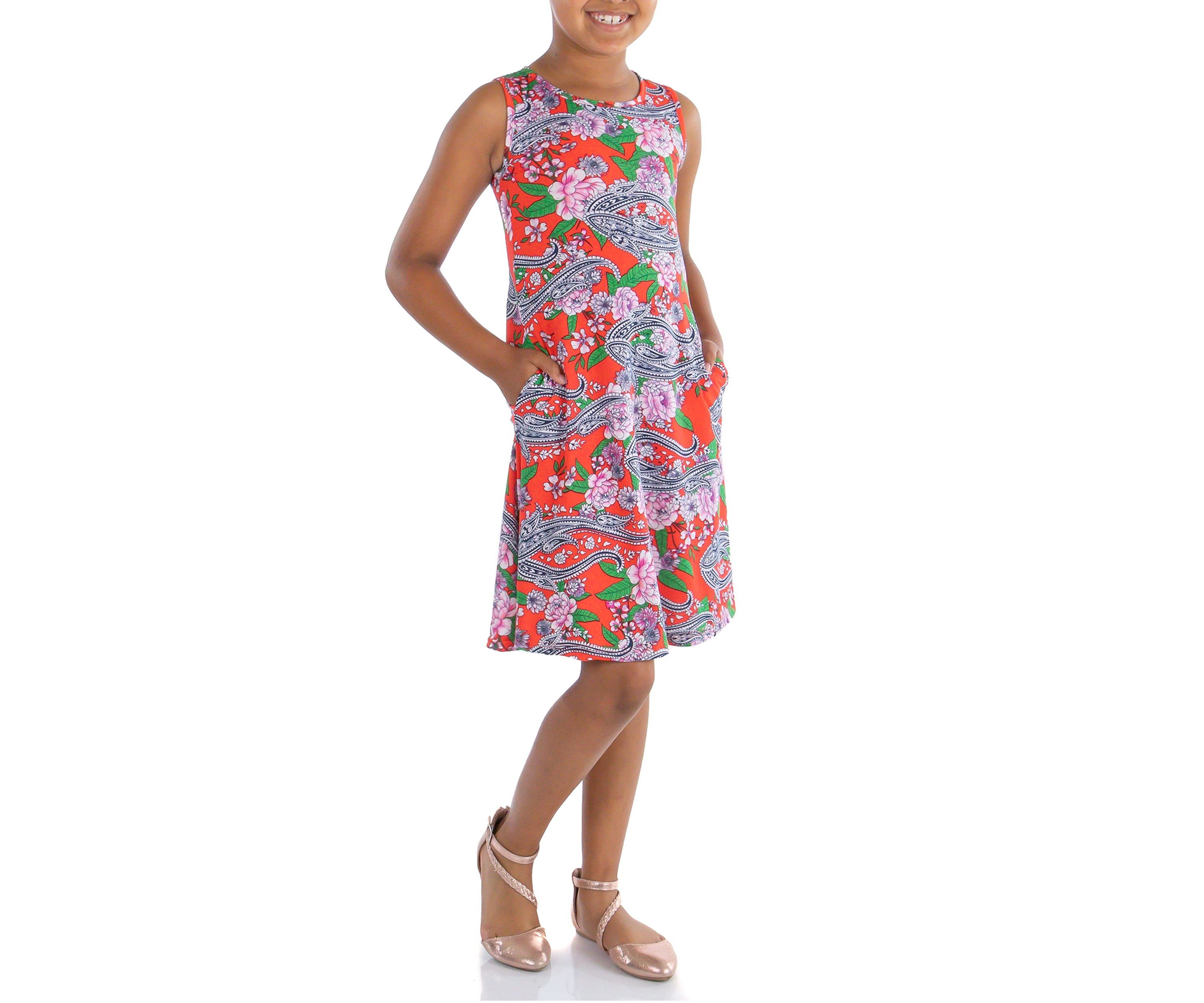 Girls Orange Floral Sleeveless Dress