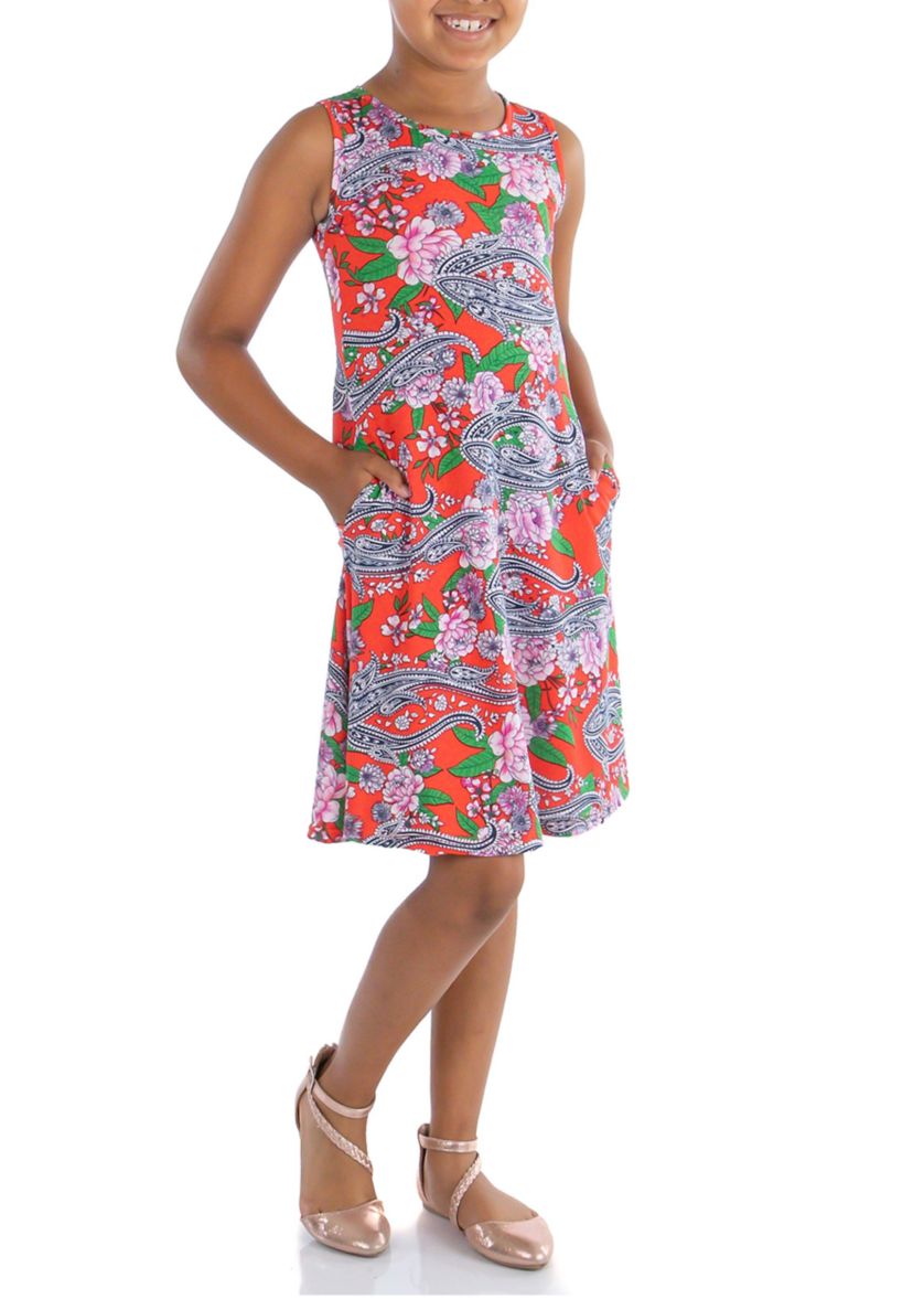 Girls Orange Floral Sleeveless Dress