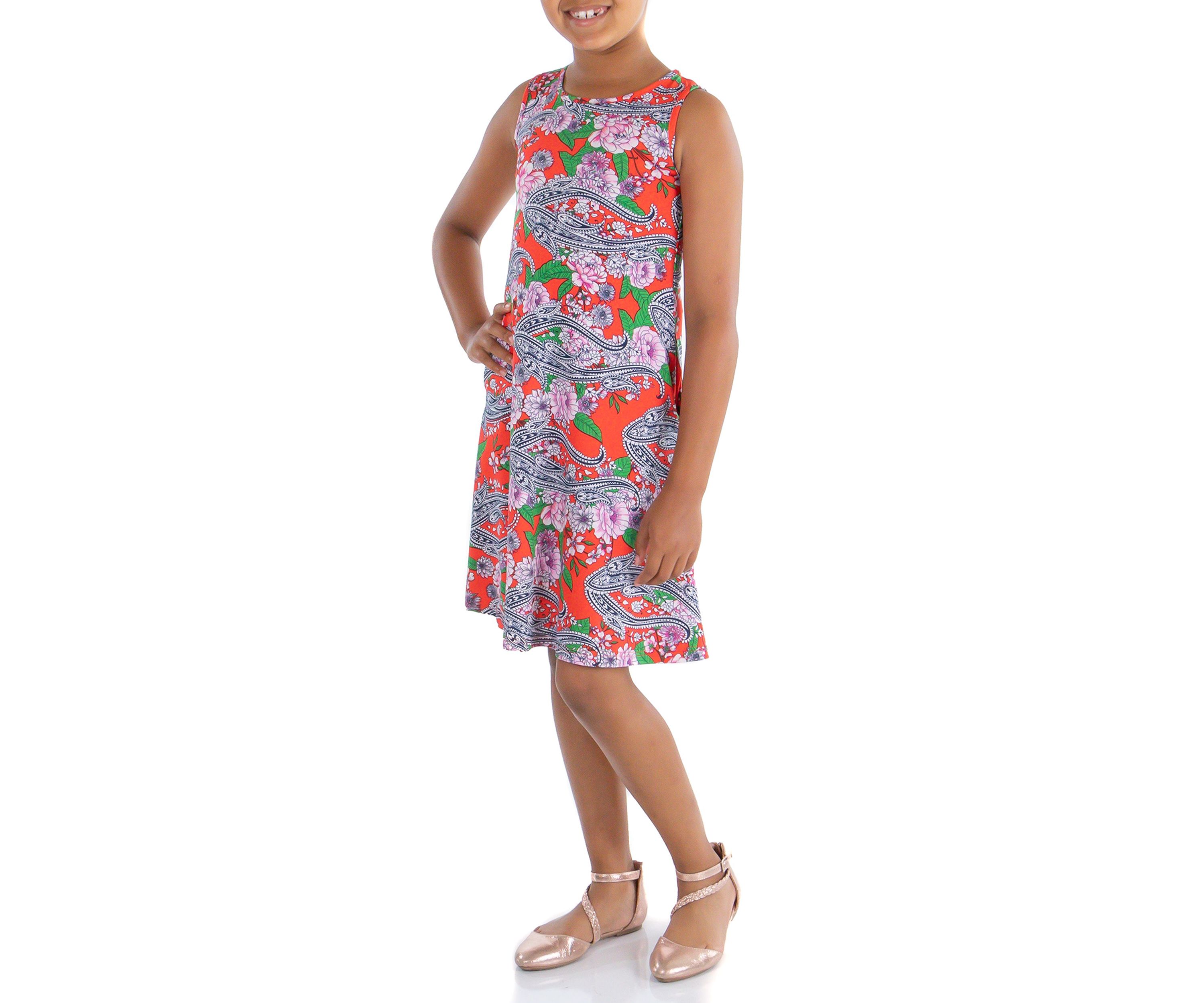 Girls Orange Floral Sleeveless Dress