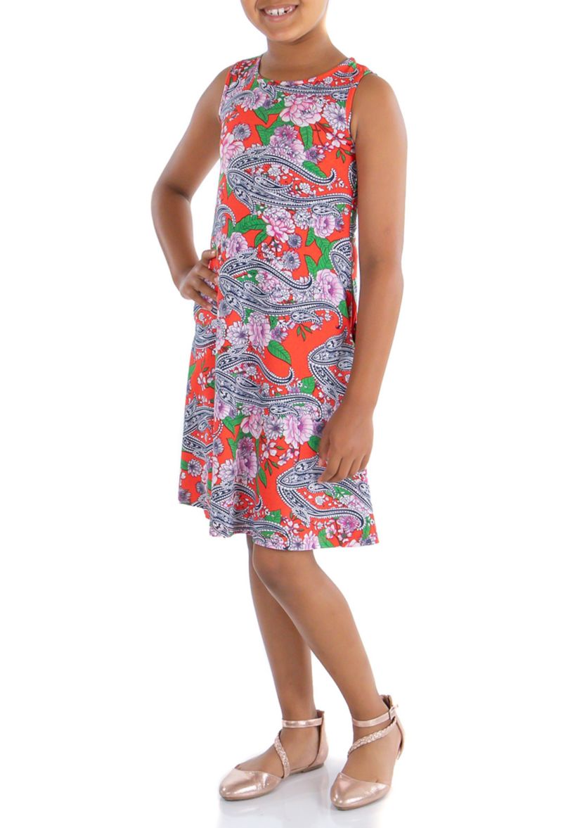 Girls Orange Floral Sleeveless Dress