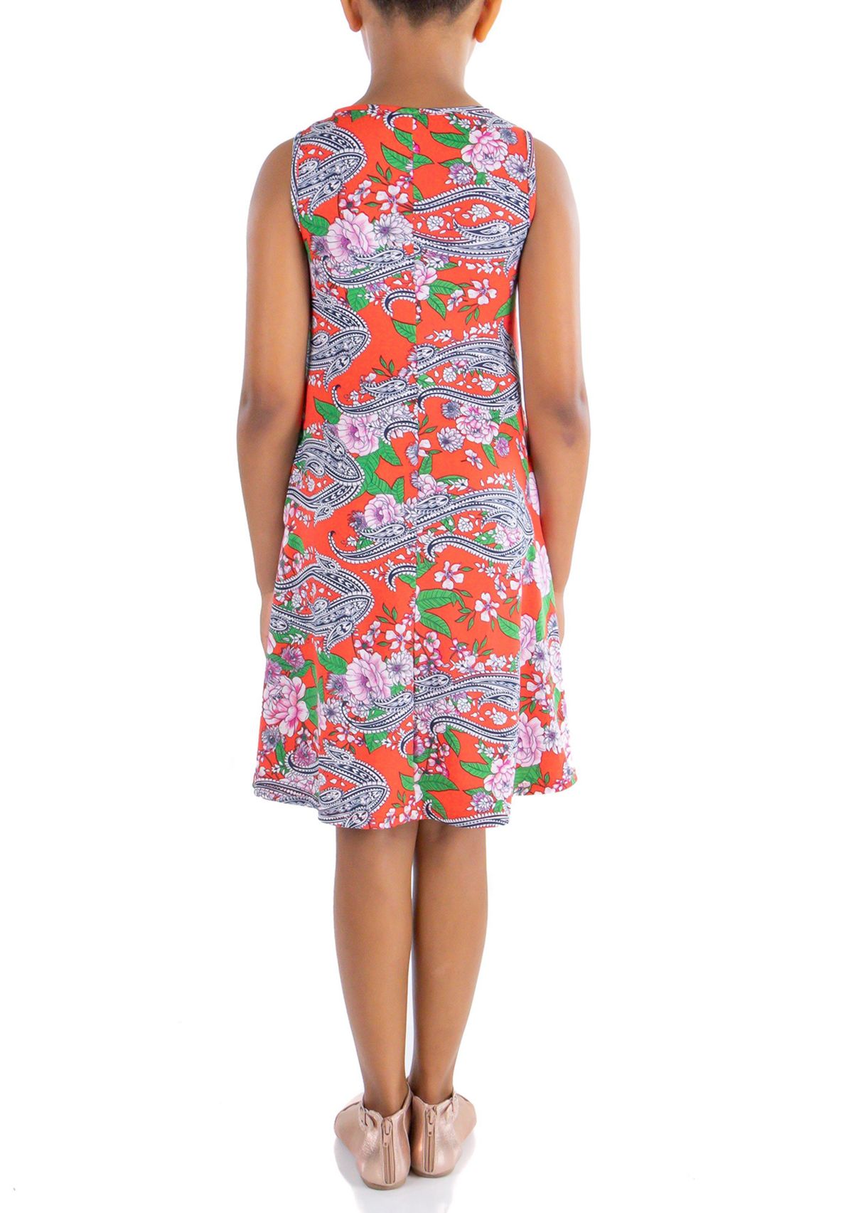 Girls Orange Floral Sleeveless Dress