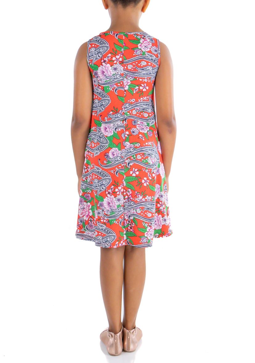 Girls Orange Floral Sleeveless Dress