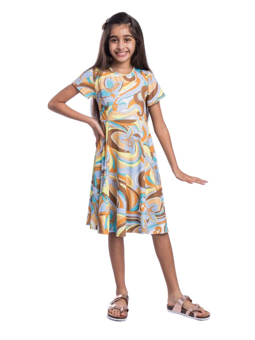 Girls Yellow Print Knee Length Short Sleeve Flowy Dress