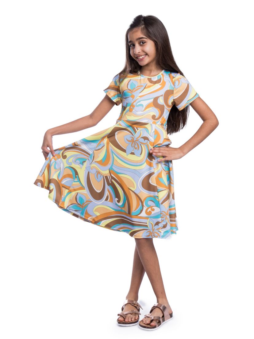 Girls Yellow Print Knee Length Short Sleeve Flowy Dress