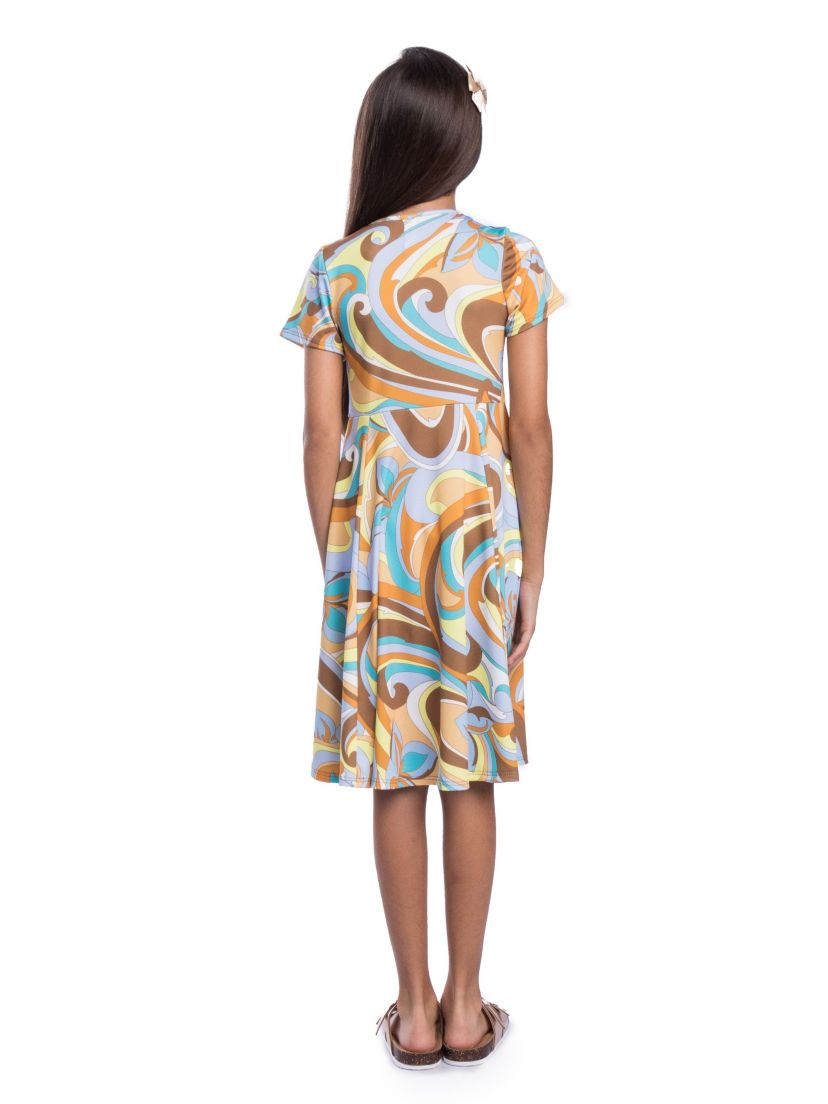 Girls Yellow Print Knee Length Short Sleeve Flowy Dress