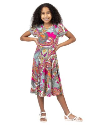 24seven Comfort Apparel Girls Pink Paisley Short Sleeve Dress