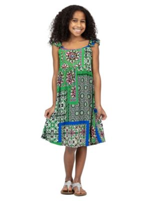 24seven Comfort Apparel Girls Green Scarf Print Ruffle Summer Dress, Medium