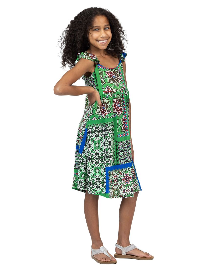 Girls Green Scarf Print Ruffle Summer Dress