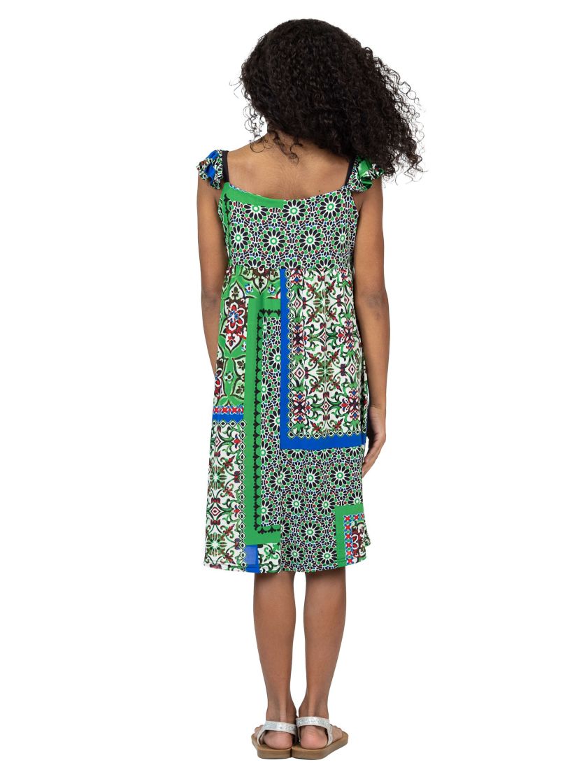 Girls Green Scarf Print Ruffle Summer Dress
