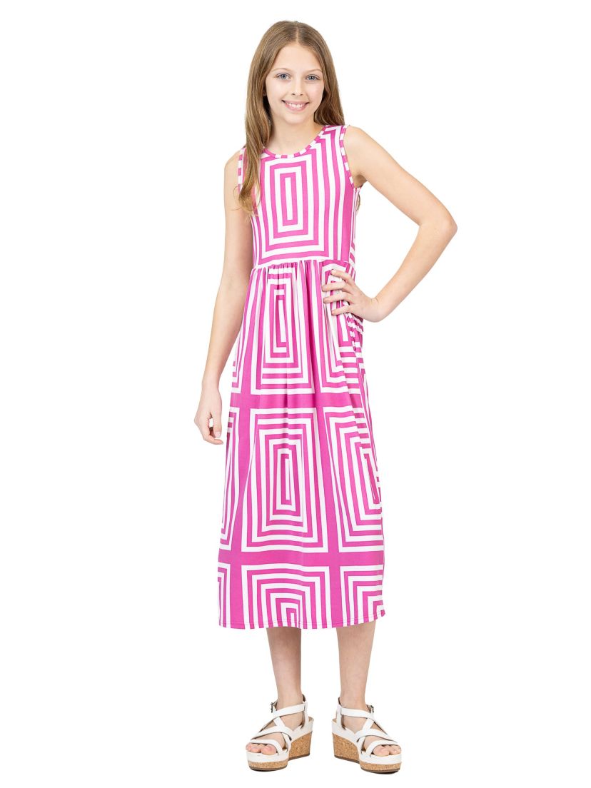Girls Pink Geometric Print Sleeveless Pocket Maxi Dress