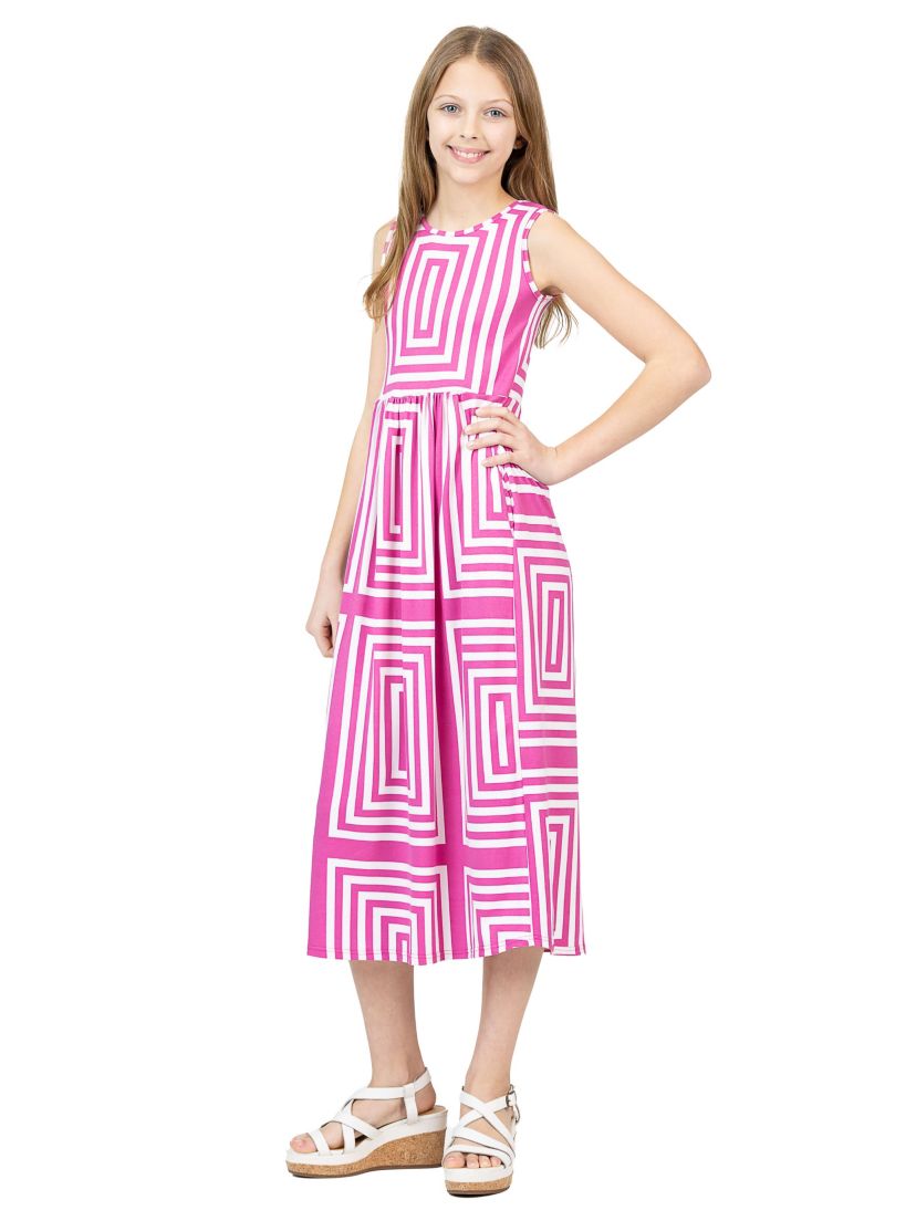Girls Pink Geometric Print Sleeveless Pocket Maxi Dress