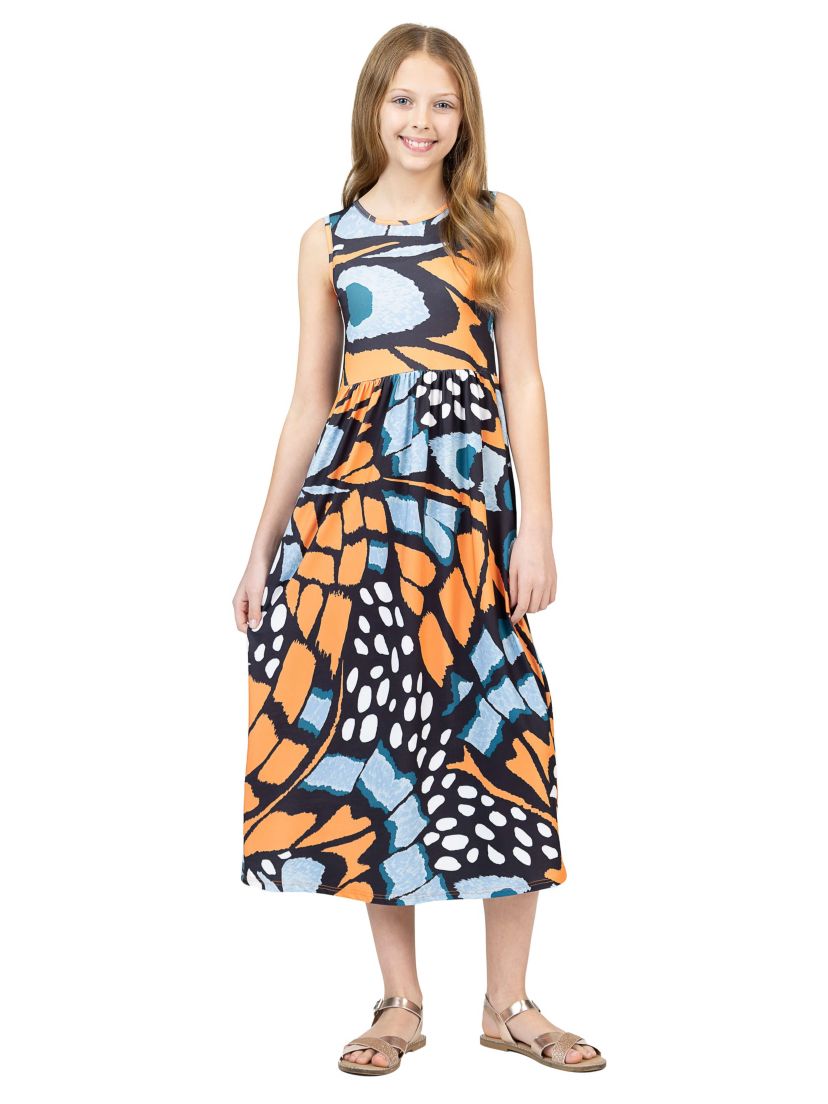 Girls Orange Butterfly Print Sleeveless Pocket Maxi Dress