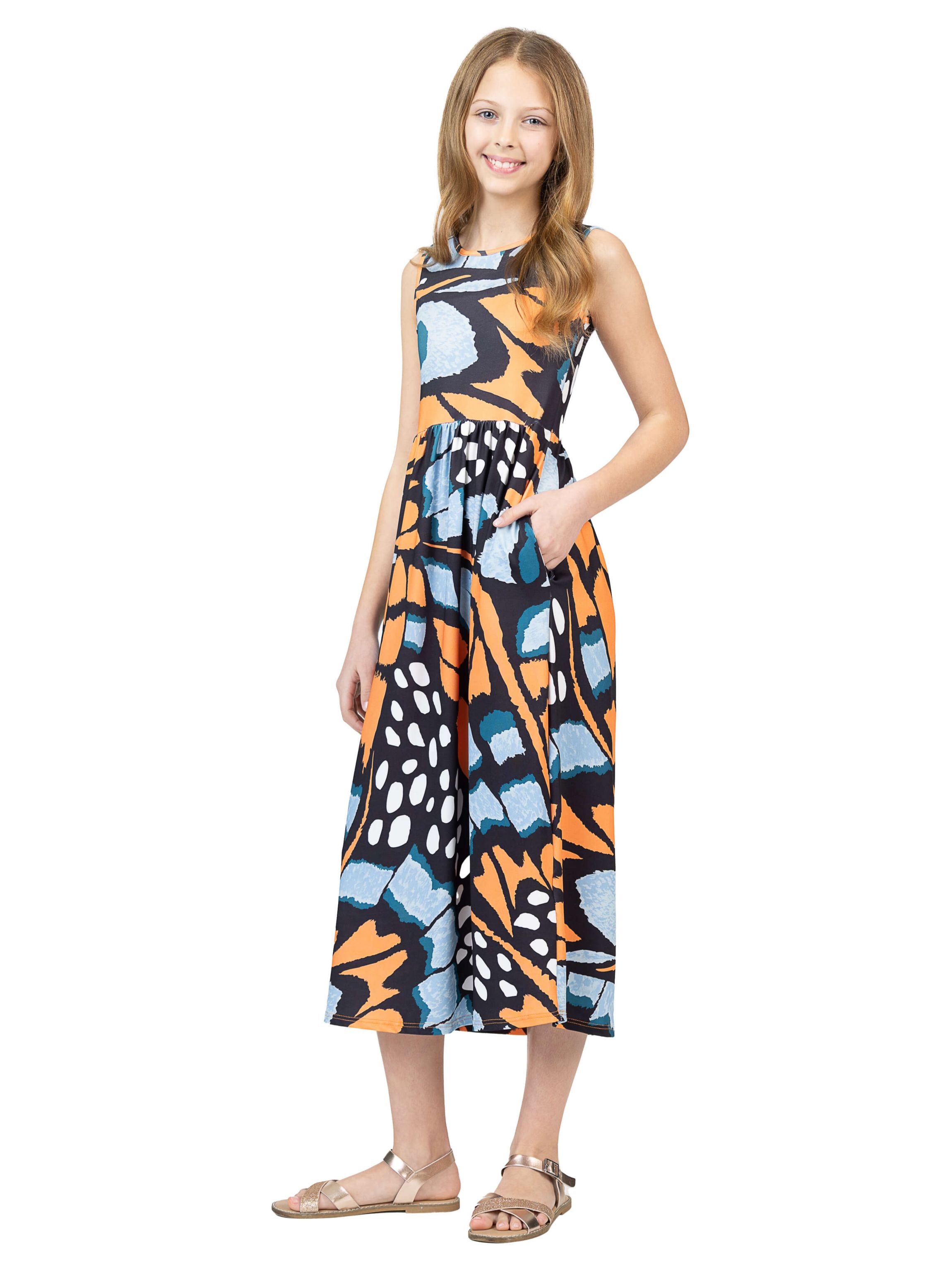 Girls Orange Butterfly Print Sleeveless Pocket Maxi Dress