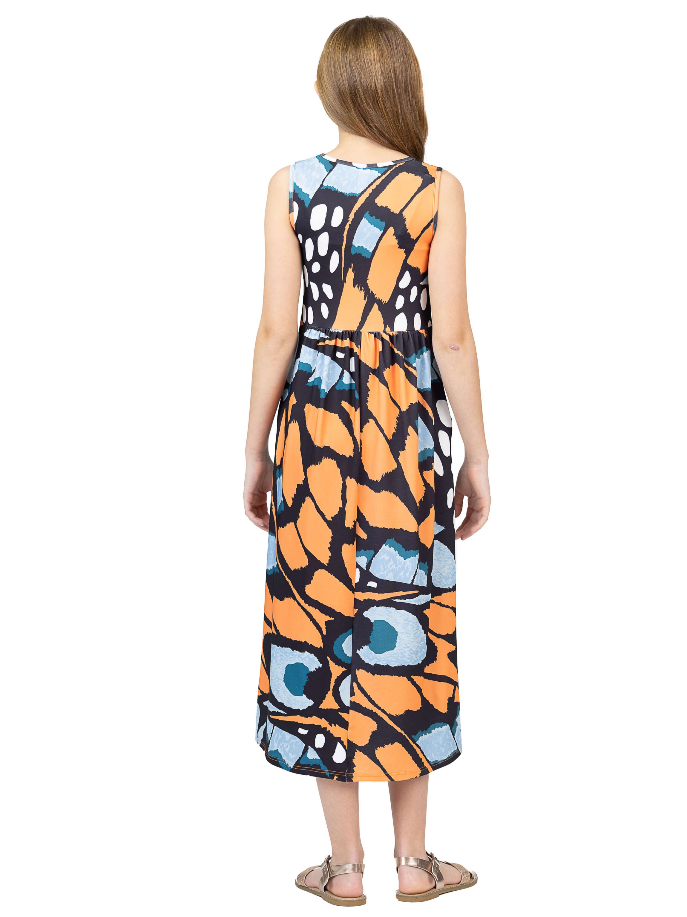 Girls Orange Butterfly Print Sleeveless Pocket Maxi Dress