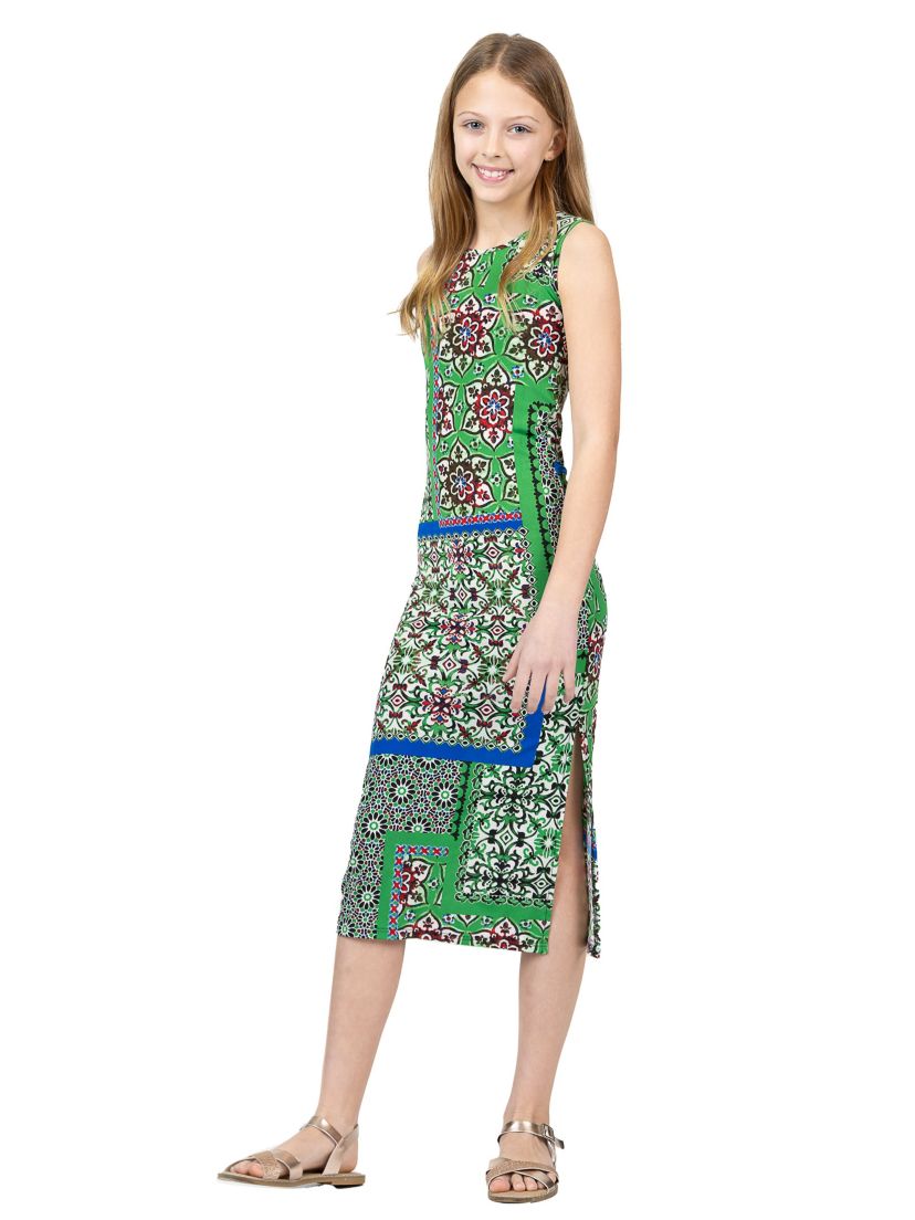 Girls Green Scarf Print Side Slit Maxi Dress