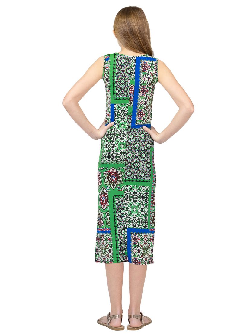 Girls Green Scarf Print Side Slit Maxi Dress