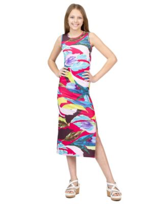 24seven Comfort Apparel Girls Pink Floral Print Side Slit Maxi Dress, Red, XL