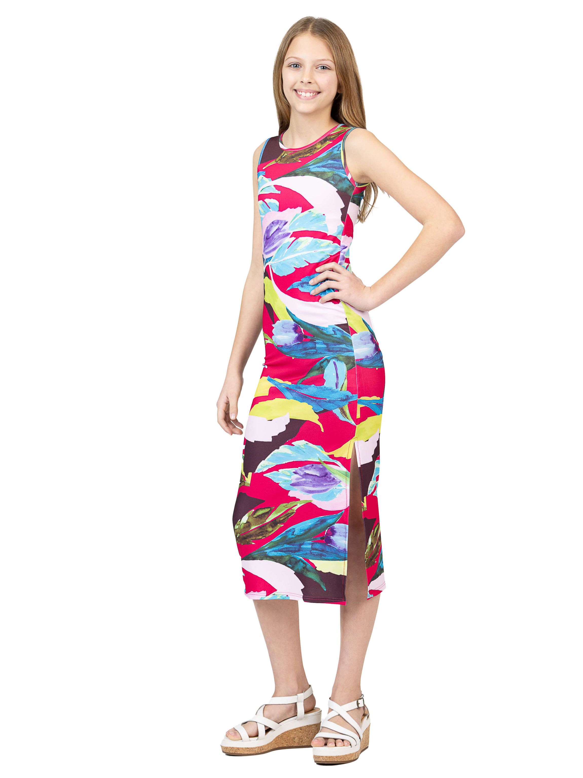 Girls Pink Floral Print Side Slit Maxi Dress