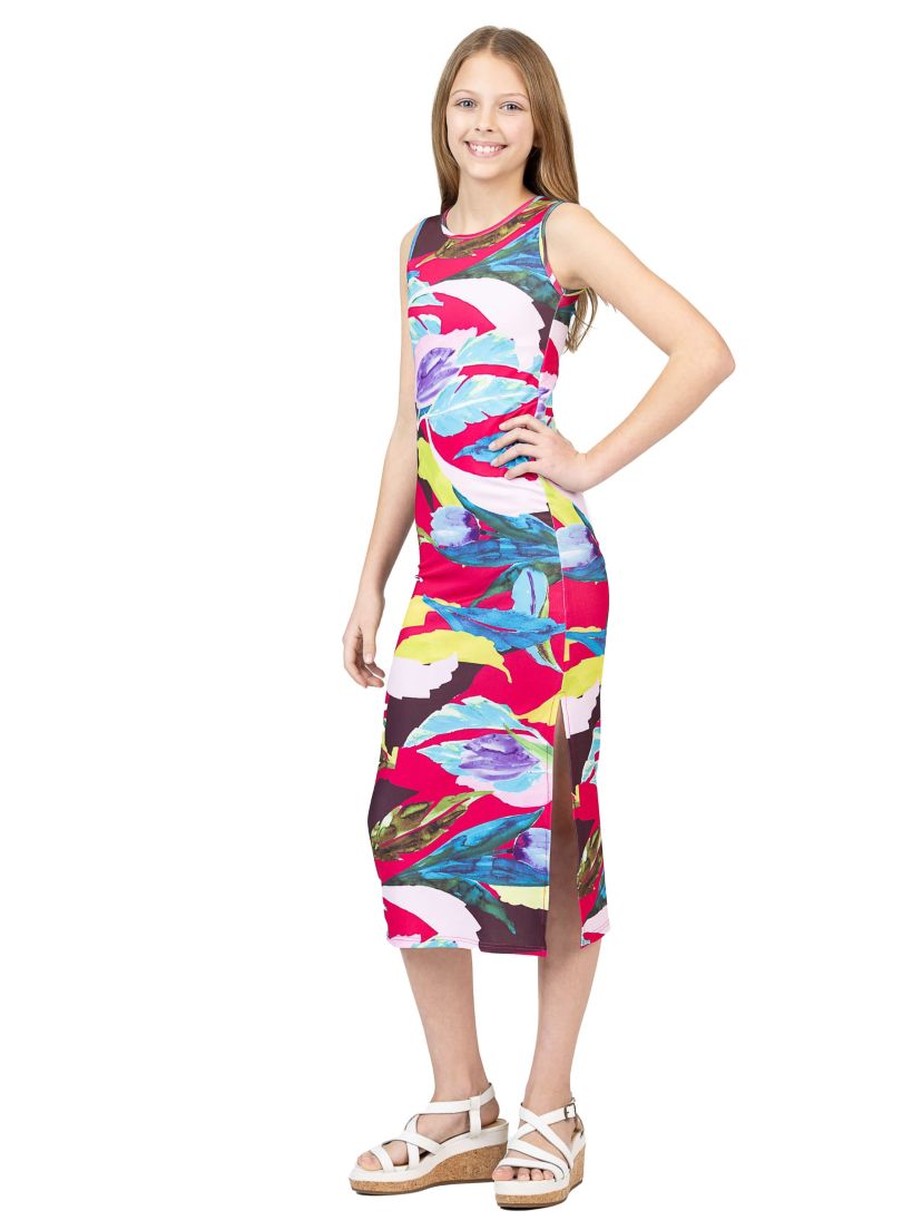 Girls Pink Floral Print Side Slit Maxi Dress