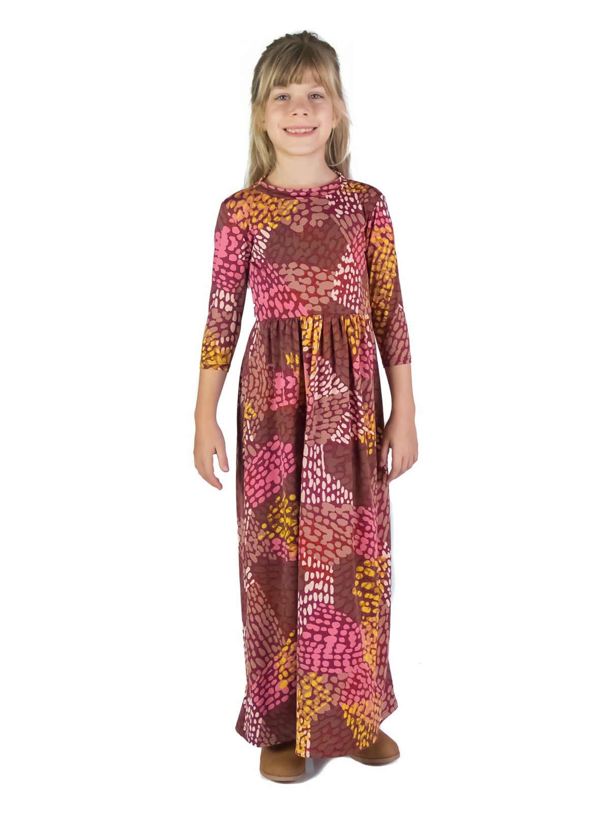 Girls Fall Print Three Quarter Sleeve Pleated Maxi Dress