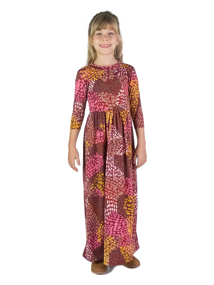 Girls Fall Print Three Quarter Sleeve Pleated Maxi Dress