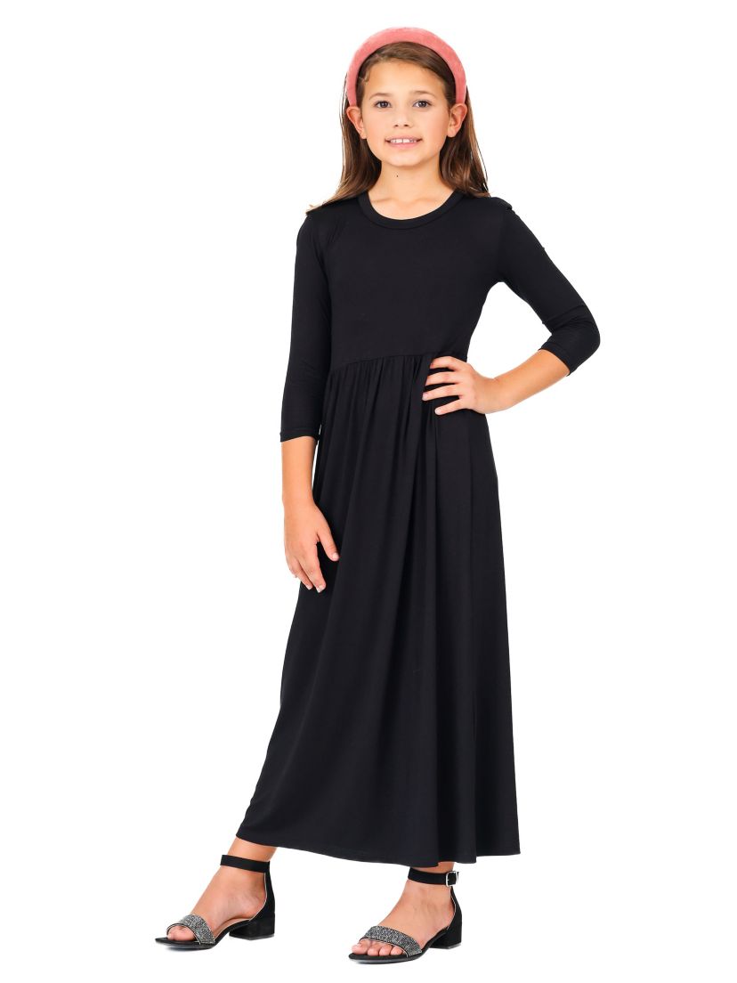 Girls Three Quarter Sleeve Pleated Maxi Dress Machine Washable