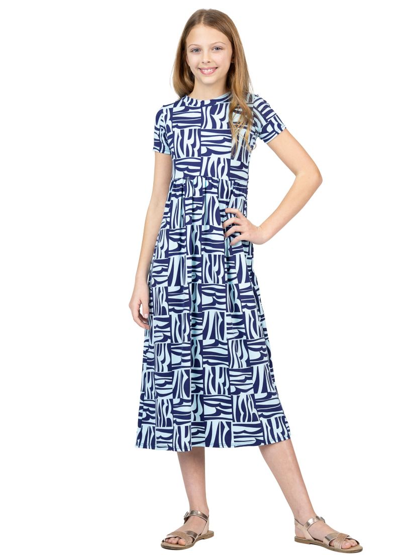 Girls Short Sleeve Blue Geo Print Maxi Dress