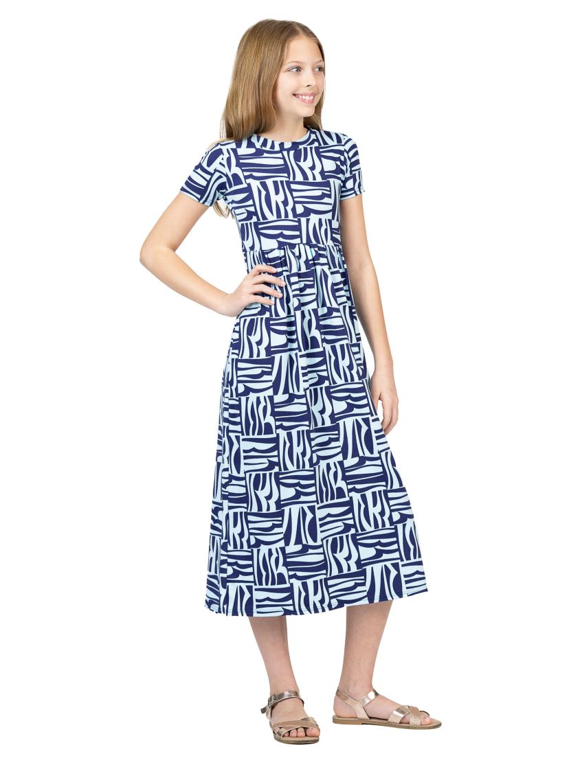 Girls Short Sleeve Blue Geo Print Maxi Dress