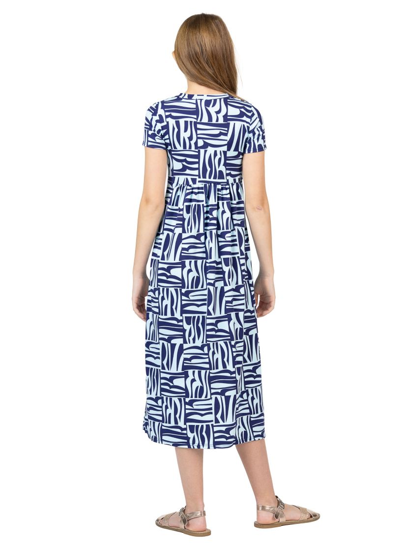 Girls Short Sleeve Blue Geo Print Maxi Dress