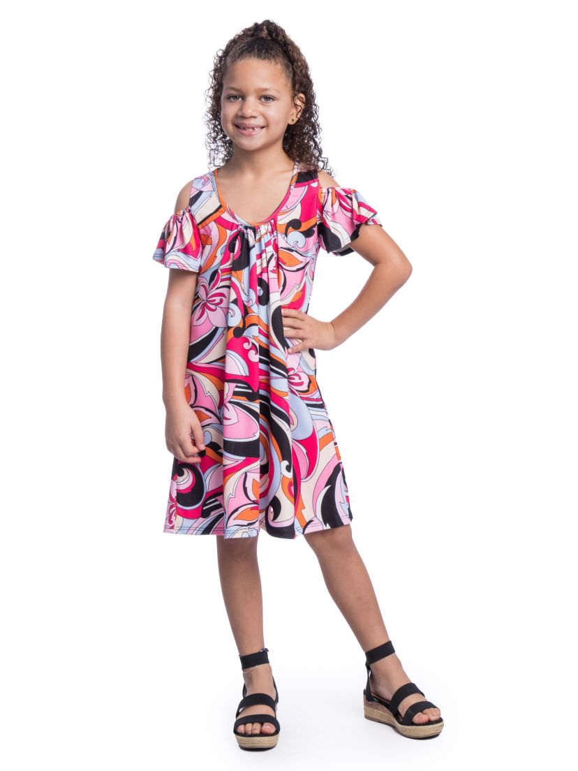 Girls Pink Cold Shoulder Knee Length Dress