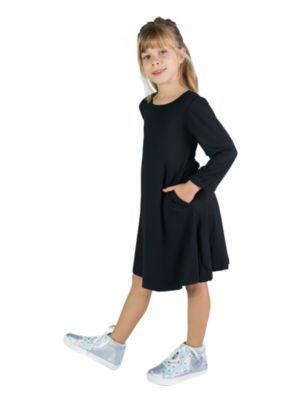 Girls Long Sleeve Loose Fit Knee Length Tunic Pocket Dress