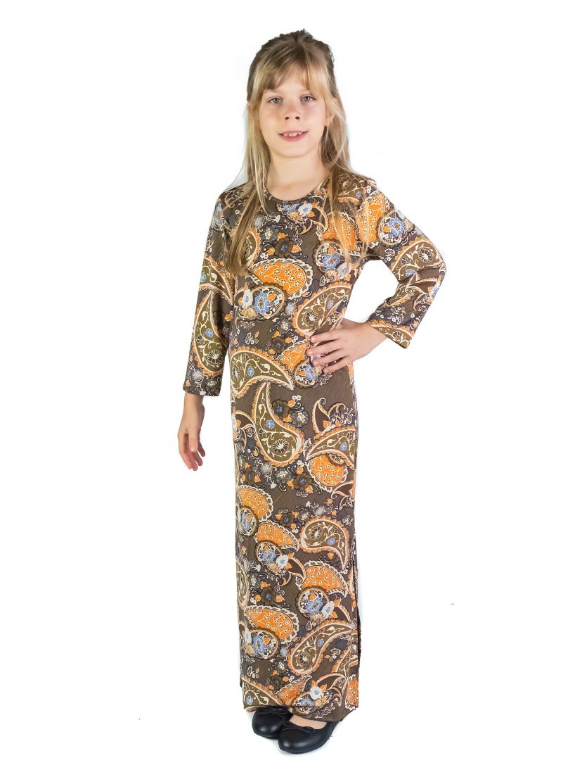 Girls Brown Fall Print Long Sleeve Side Slit Maxi Dress