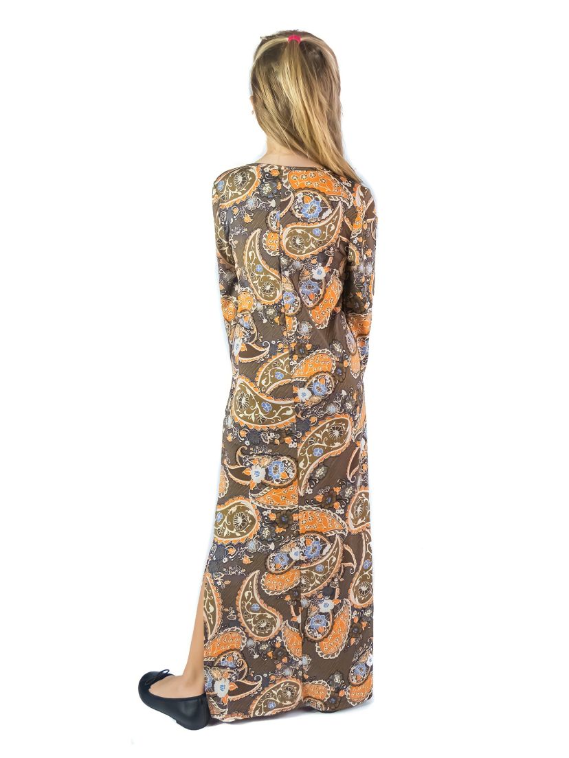 Girls Brown Fall Print Long Sleeve Side Slit Maxi Dress