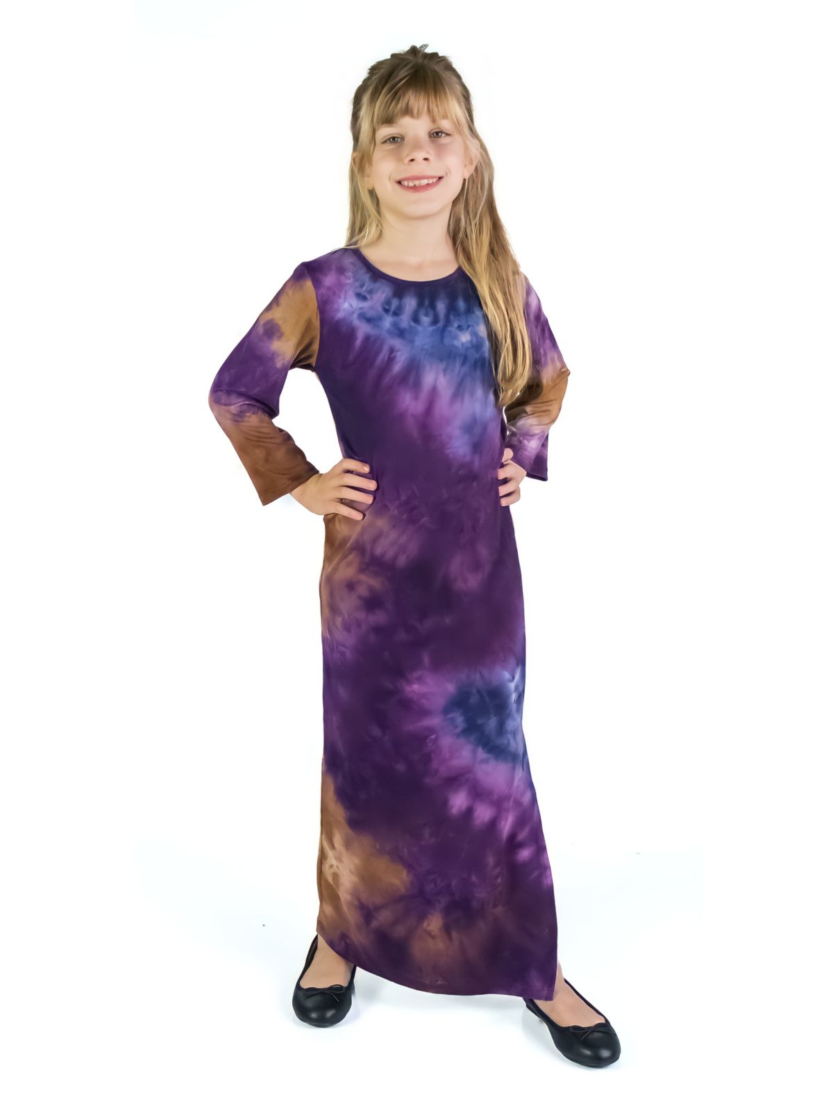 Girls Purple Tie Dye Long Sleeve Side Slit Maxi Dress