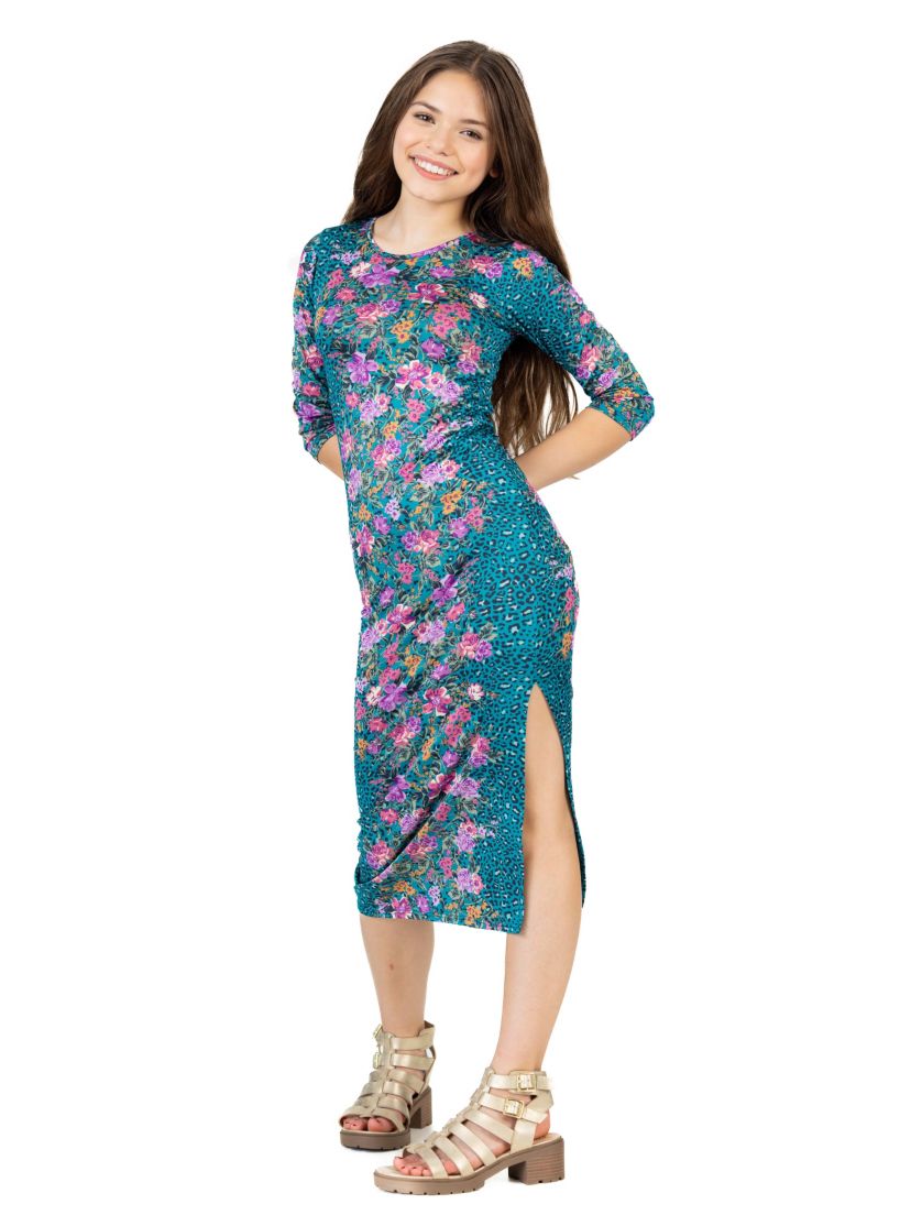 Girls Teal Animal Print Side Slit Maxi Dress