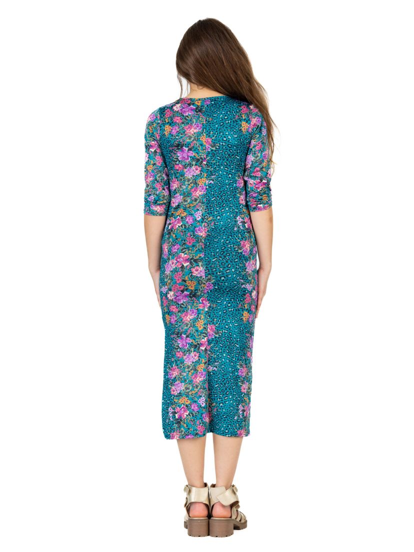 Girls Teal Animal Print Side Slit Maxi Dress