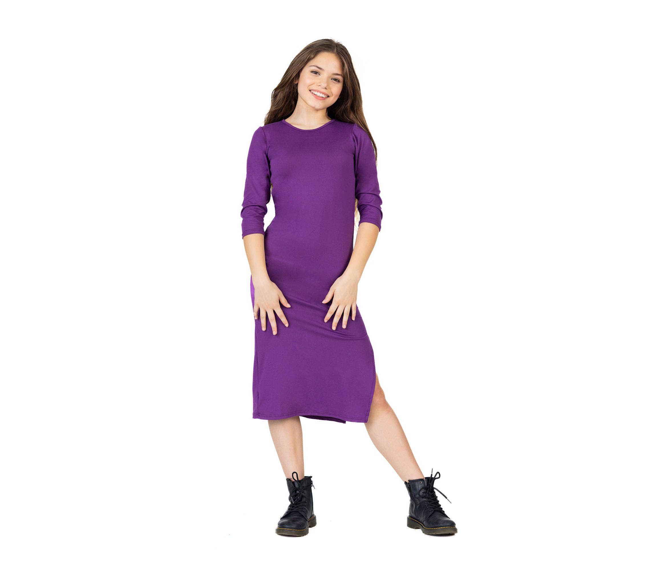 Girls Long Sleeve Side Slit Maxi Dress Solid Color