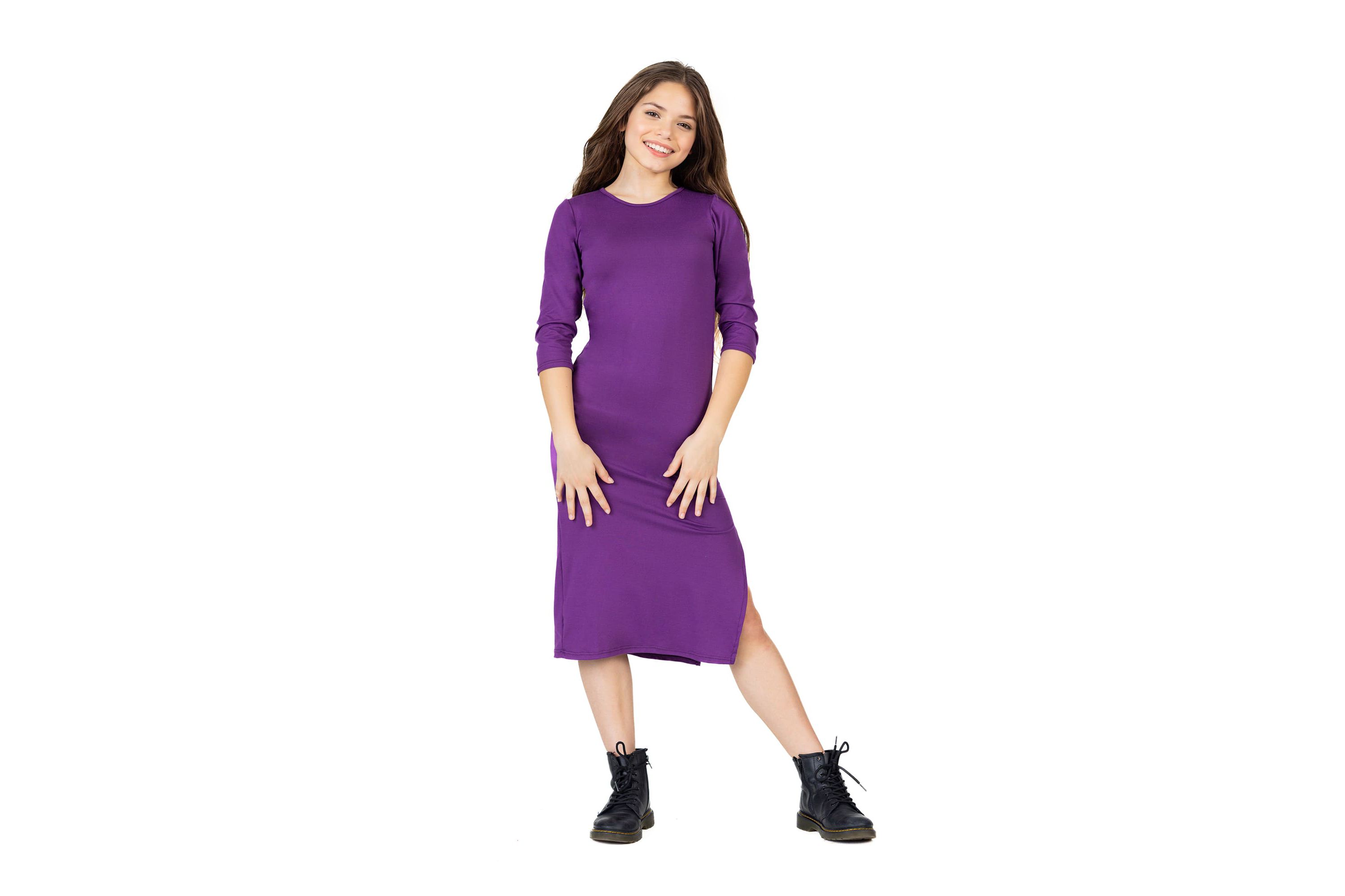 Girls Long Sleeve Side Slit Maxi Dress Solid Color