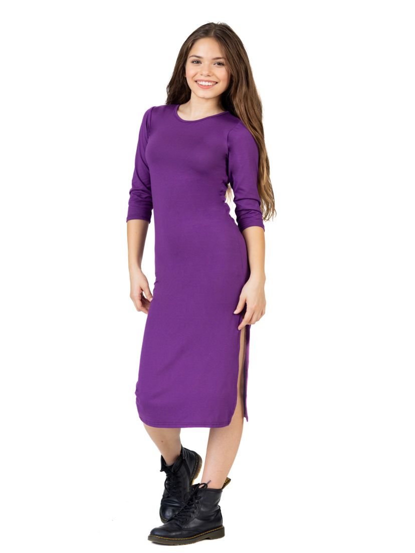 Girls Long Sleeve Side Slit Maxi Dress Solid Color