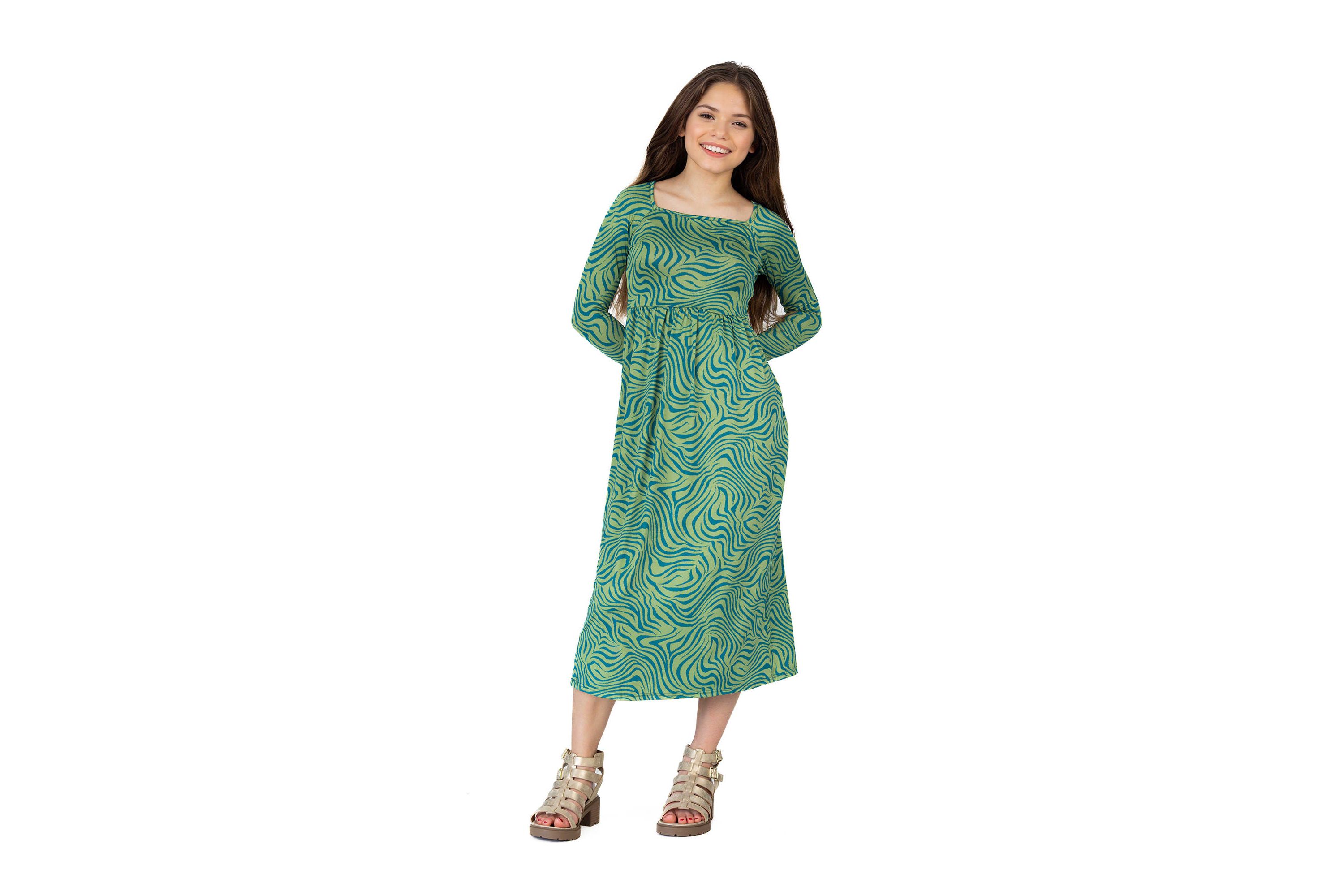 Girls Green Print Long Sleeve Maxi Dress